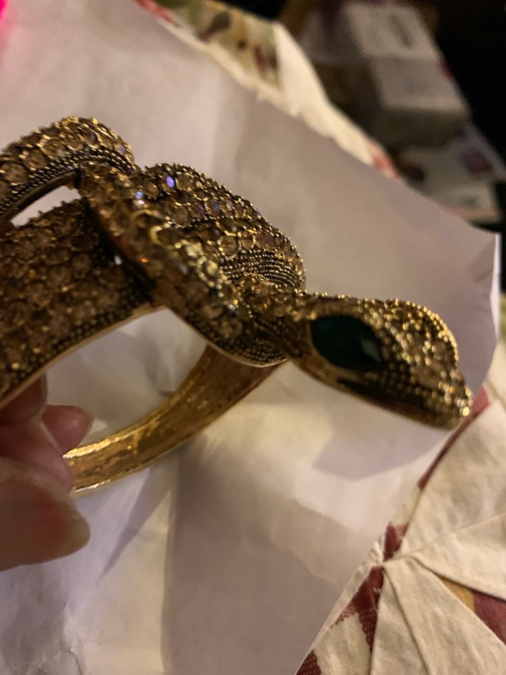 Rhinestone Snake Brooch with Green Emerald Eyes - Gold Tone - Picture 2 of 7